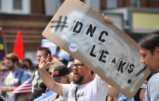 A protestor marches through downtown Philadelphia, PA during the DNC on July 25, 2016.   Jeff J Mitchell/Getty Images.