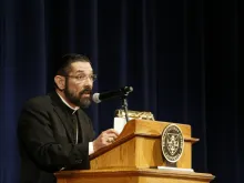 Bishop Daniel Flores of Brownsville delivers the St. Thomas Day Lecture at Thomas Aquinas College in Santa Paul, Calif., Jan. 28, 2019. Photo courtesy of TAC.