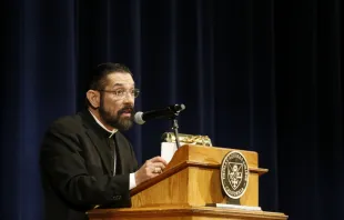 Bishop Daniel Flores of Brownsville delivers the St. Thomas Day Lecture at Thomas Aquinas College in Santa Paul, Calif., Jan. 28, 2019. Photo courtesy of TAC. null