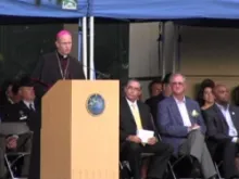 Bishop James Conley speaks at the July 22, 2012 prayer vigil in Aurora, Colo.