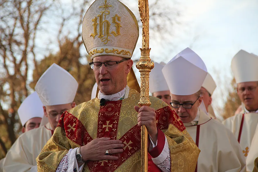 Bishop James D. Conley prays at installation Mass outside of Risen Christ Cathedral in Lincoln, Neb. on Nov. 20, 2012. ?w=200&h=150