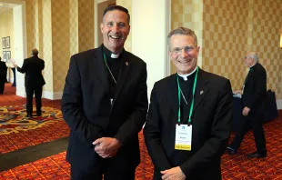Newly-consecrated Bishop Joseph Coffey (L) with his ordinary, Archbishop Timothy Broglio of the Military Services, at the USCCB General Assembly in Baltimore, June 12, 2019.   Kate Veik/CNA.