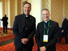 Newly-consecrated Bishop Joseph Coffey (L) with his ordinary, Archbishop Timothy Broglio of the Military Services, at the USCCB General Assembly in Baltimore, June 12, 2019. 