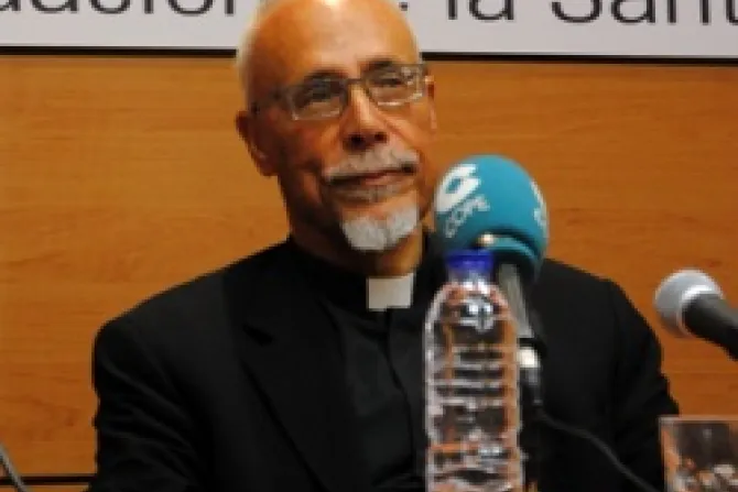 Bishop Kyrillos William at the press conference in Madrid Credit ACN wwwacnukorg CNA World Catholic News 7 12 12
