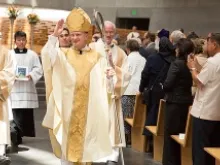 Bishop Michael C. Barber leaves the Cathedral of Christ the Light after his ordination and installation as Bishop of Oakland. 