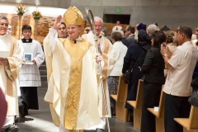 Bishop Michael C Barber leaves the Cathedral of Christ the Light after his ordination and installation as Bishop of Oakland Credit THE CATHOLIC VOICE CNA US Catholic News 5 31 13