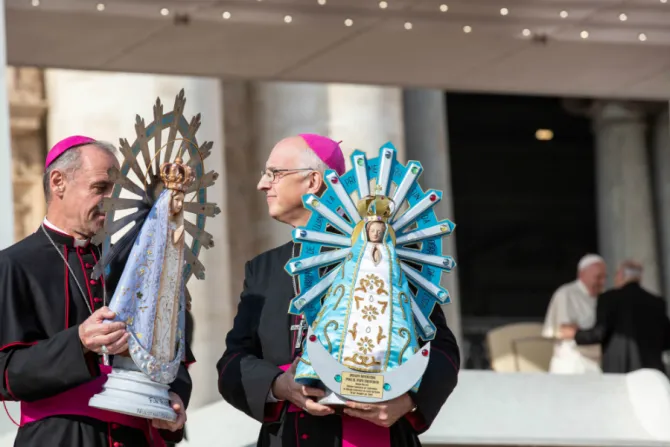 Bishop Paul Mason of the UK Armed Forces L and Bishop Santiago Olivera of the Argentine Armed Forces St Peters Square Oct 30 2019 Credit Daniel Ibanez CNA