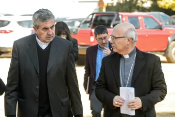 Bishop Santiago Silva of Chiles military diocese L and Bishop Fernando Ramos arrive for a bishops assembly in Punta de Tralca Chile Aug 3 2018 Credit Martin Bernetti AFP Getty Images