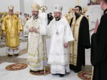 Bishop Stepan Sus holds a crosier shortly after his episcopal consecration at the Cathedral of the Resurrection of Christ in Kyiv, Jan. 12, 2020. 