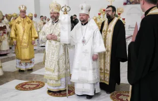 Bishop Stepan Sus holds a crosier shortly after his episcopal consecration at the Cathedral of the Resurrection of Christ in Kyiv, Jan. 12, 2020.   Ukrainian Archeparchy of Kyiv-Halych