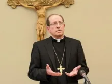 Bishop-designate David J. Walkowiak of the Diocese of Grand Rapids, Mich. speaks at a April 18 press conference. 