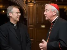 Msgr. Nicholas Hudson, newly appointed auxiliary bishop of Westminster, speaking with Cardinal Vincent Nichols. 