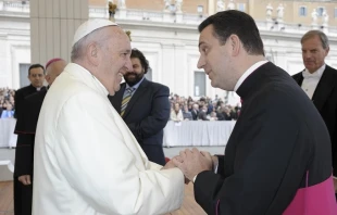 Bishop-elect Msgr. Steven Lopes greets Pope Francis during a Wednesday general audience. Photo courtesy of the Ordinariate of the Chair of Saint Peter in the United States and Canada.