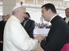 Bishop-elect Msgr. Steven Lopes greets Pope Francis during a Wednesday general audience. Photo courtesy of the Ordinariate of the Chair of Saint Peter in the United States and Canada.