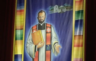 Blessed Stanley Rother tapestry at Beatification Mass in Oklahoma City Sept. 23, 2017.  Mary Rezac/CNA