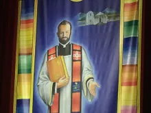 Blessed Stanley Rother tapestry at Beatification Mass in Oklahoma City Sept. 23, 2017. 