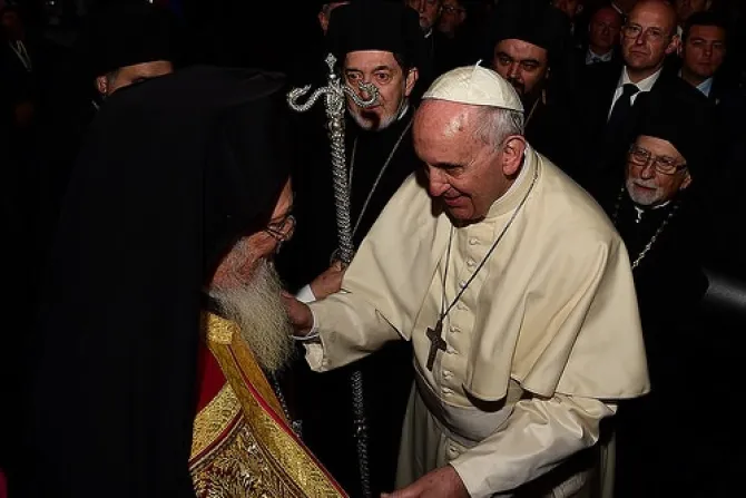 Blessed is he who comes in the name of the Lord  were the words with which Ecumenical Patriarch Bartholomew welcomed Pope Francis to the Patriarchate Photograph copyright GANP Dimitrios Panagos CNA