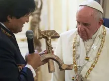 Bolivian president Evo Morales presents Pope Francis with a 'communist crucifix' at the presidential palace in La Paz, July 8, 2015. 