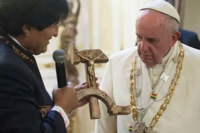 Bolivian president Evo Morales presents Pope Francis with a communist crucifix at the presidential palace in La Paz July 8 2015 Credit LOsservatore Romano