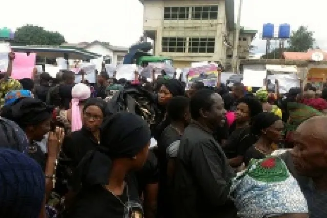Both laity and clergy dressed in black during protests near the Mater Ecclesiae Cathedral in Ahiara Nigeria on May 22 2013 Credit Chijike Ndukwu 2 CNA 5 22 13