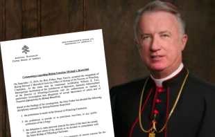Bishop Michael Bransfield (CNA file photo) with Vatican communique announcing restrictions