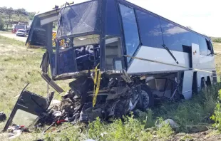A charter bus crashed on the interstate outside Pueblo, Colo., June 23, 2019.   Colorado State Patrol Public Affairs.