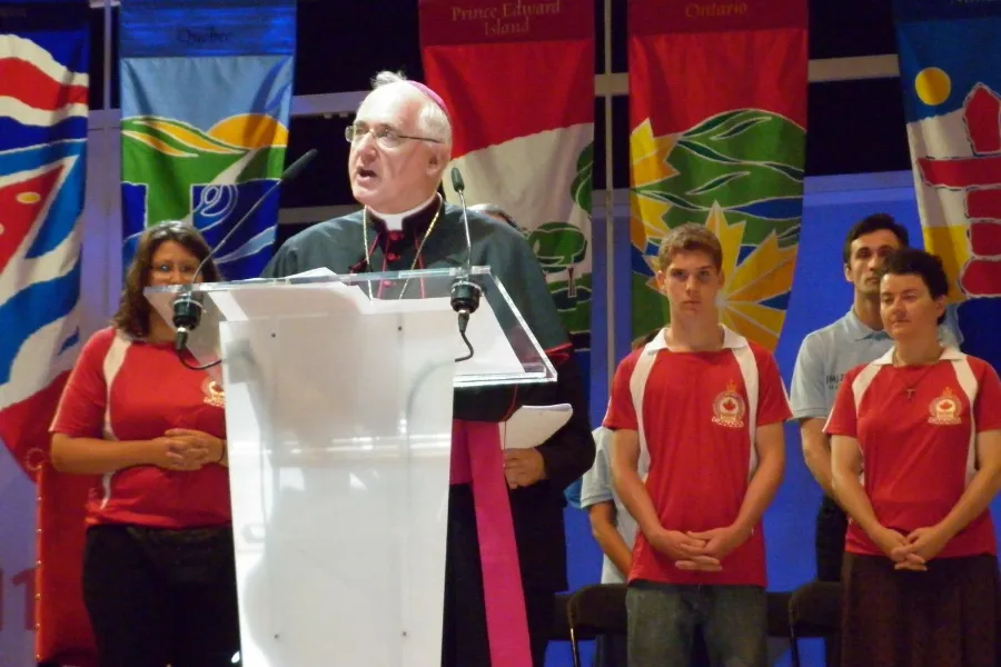 Archbishop Terrence Prendergast, S.J., addresses a rally at World Youth Day in Madrid, Spain, Aug. 16, 2011. ?w=200&h=150