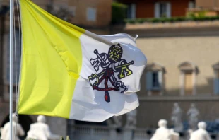 The Vatican flag flies over St. Peter's Square, April 26, 2014.   Stephen Driscoll/CNA.
