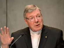 Cardinal George Pell of Sydney speaks during a press conference at the Vatican Press Office on July 9, 2014. 