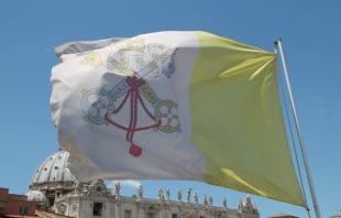 The flag of Vatican City with St. Peter's Basilica in the background on May 29, 2015.   Bohumil Petrik/CNA.
