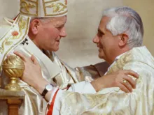 Pope John Paul II greets Cardinal Joseph Ratzinger during his inauguration October 22, 1978. 