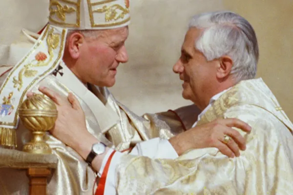 Pope John Paul II greets Cardinal Joseph Ratzinger during his inauguration October 22, 1978. . Vatican Media
