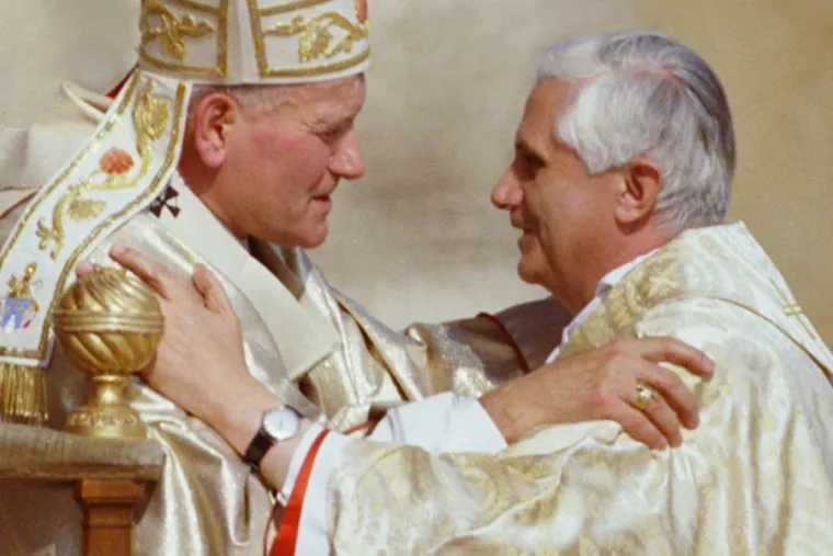 Pope John Paul II greets Cardinal Joseph Ratzinger during his inauguration October 22, 1978. Credit: Vatican Media