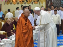 Pope Francis meets with Bhaddanta Kumarabhivamsa, head of the Supreme Sangha Council, in Yangon, Myanmar, Nov. 29, 2017.