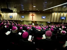 Pope Francis speaks to cardinals and bishops of the Episcopal Conference of Italy in Vatican City on May 21, 2018. 