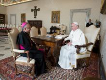 Archbishop Edgar Peña Parra meets with Pope Francis in Vatican City on August 17, 2018. 
