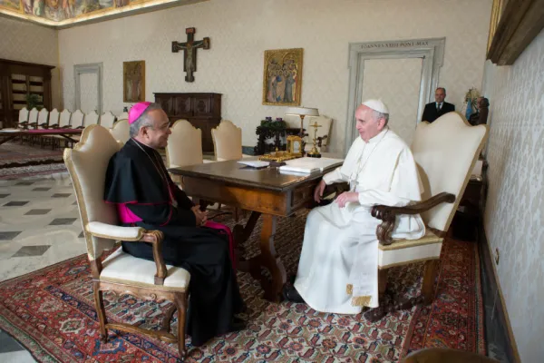 Archbishop Edgar Peña Parra meets with Pope Francis in Vatican City on August 17, 2018. . Vatican Media