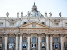 Portraits hang from the facade of St. Peter's Basilica ahead of a Canonization Mass Oct. 12, 2018. 