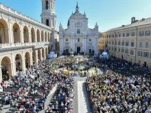 Pope Francis addresses pilgrims outside the Shrine of the Holy House of Loreto on March 25, 2019.