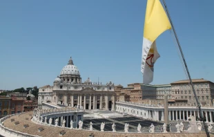 The flag of Vatican City with St. Peter's Basilica in the background on April 29, 2019.   Bohumil Petrik/CNA.