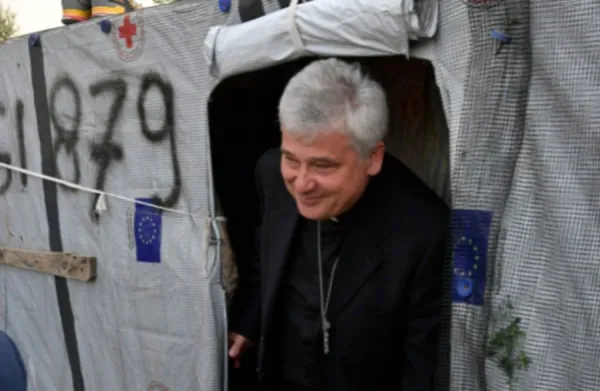 Cardinal Konrad Krajewski visits a refugee camp in Lesbos, Greece, May 8, 2019. . Vatican Media