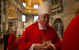 Bishop Mitchell T. Rozanski at the tomb of St. Peter during an ad limina visit Nov. 7, 2019. Daniel Ibáñez/CNA