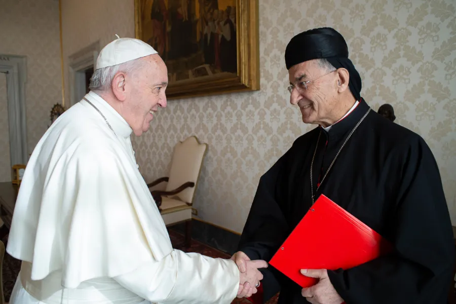 Pope Francis greets Cardinal Bechara Boutros Rai during a previous private audience at the Vatican, on Feb. 7, 2020. / Vatican Media.