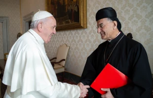 Pope Francis greets Cardinal Bechara Boutros Rai during a previous private audience at the Vatican, on Feb. 7, 2020.   Vatican Media.