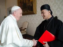 Pope Francis greets Cardinal Bechara Boutros Rai during a previous private audience at the Vatican, on Feb. 7, 2020.