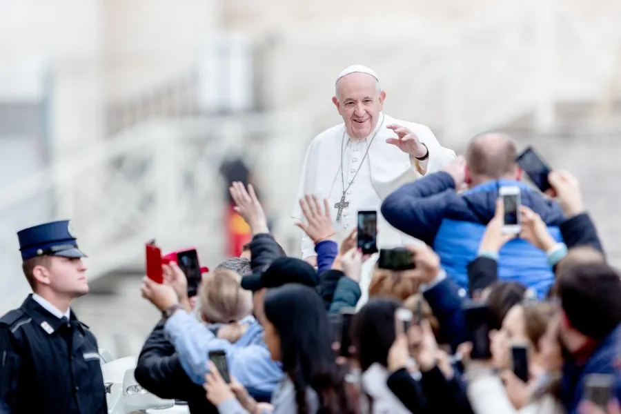 Pope Francis greets pilgrims before the Wednesday general audience in St. Peter's Square on Feb. 26, 2020. ?w=200&h=150