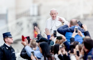 Pope Francis greets pilgrims before the Wednesday general audience in St. Peter's Square on Feb. 26, 2020.   Daniel Ibáñez/CNA