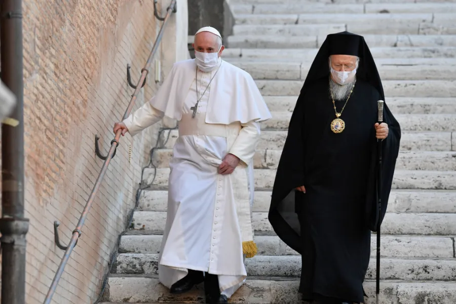 Pope Francis with Ecumenical Patriarch Bartholomew I of Constantinople outside the Basilica of Santa Maria in Aracoeli Oct. 20, 2020. ?w=200&h=150