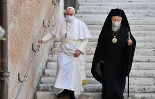 Pope Francis with Ecumenical Patriarch Bartholomew I of Constantinople outside the Basilica of Santa Maria in Aracoeli Oct. 20, 2020. Vatican Media.