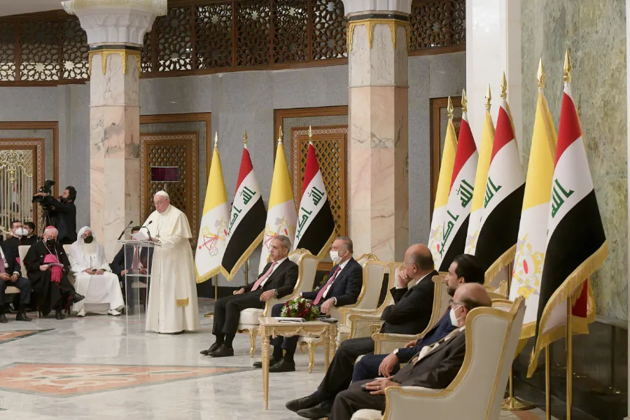 Pope Francis gives his address at the Presidential Palace in Baghdad March 5, 2021. Photo credits: Vatican Media.?w=200&h=150